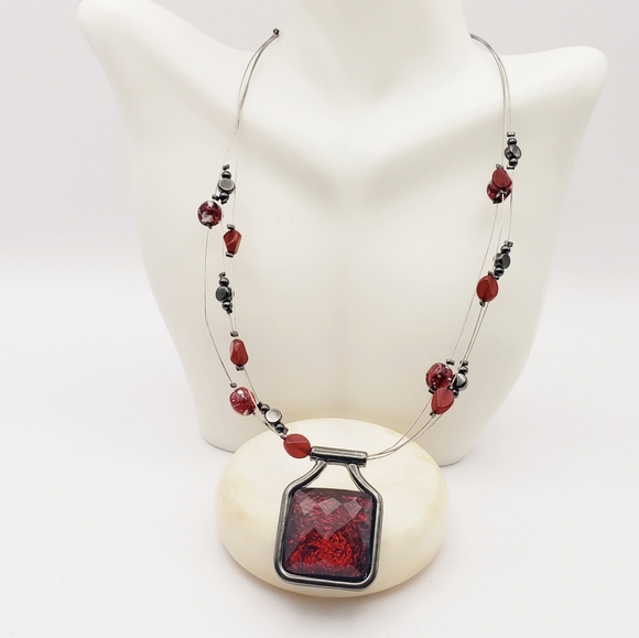 Ruby Red Gem Pendant with Ruby and Gunmetal Floating Beads Necklace - Picture 8 of 8